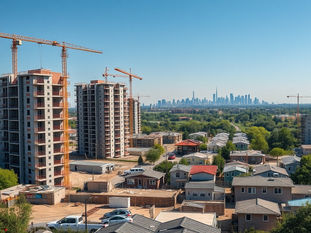 Какие квартиры быстрее всего растут в цене На фото стройка на фоне большого города и зелёных насаждений, ясная погода. Строятся высотные здания.