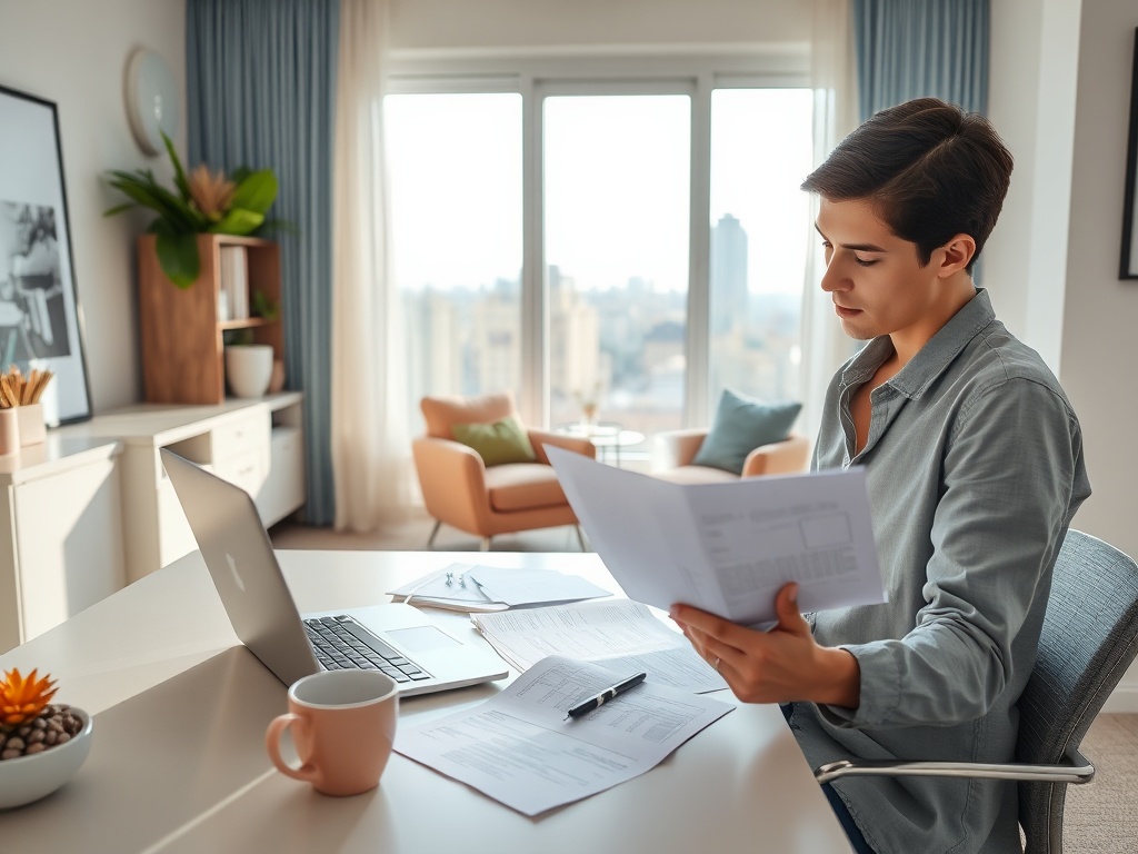 Ипотека для работников сферы общественного питания Молодой человек читает документы за современным столом в светлом офисе с видом на город.