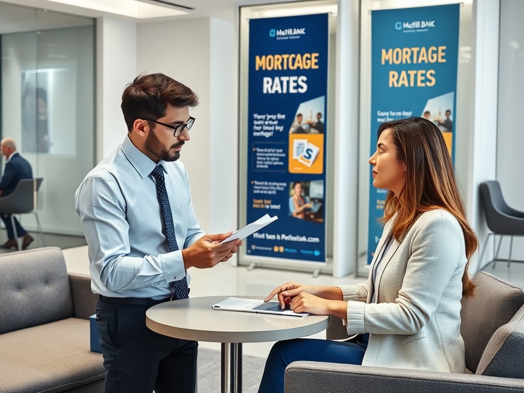 Ипотека для работников сферы аналитики данных На встрече мужчина и женщина обсуждают условия ипотеки в офисе банка. На фоне плакаты с информацией о ставках.
