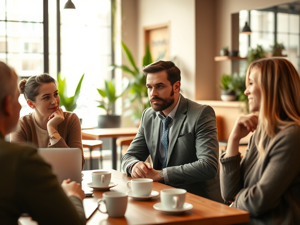 Какие квартиры быстрее всего растут в цене Группа людей в кафе обсуждает идеи за столом с чашками кофе. Вокруг зеленые растения и светлое освещение.