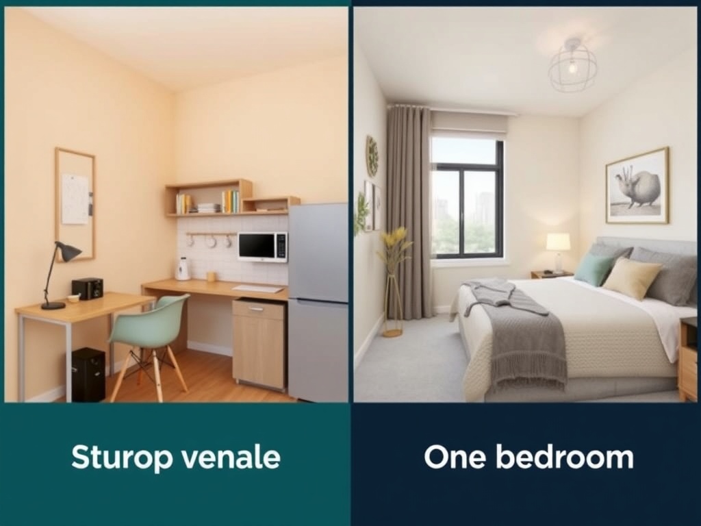 Что выгоднее купить: студию или однокомнатную квартиру? Картинка показывает кухонный уголок слева и спальню с одной кроватью справа.