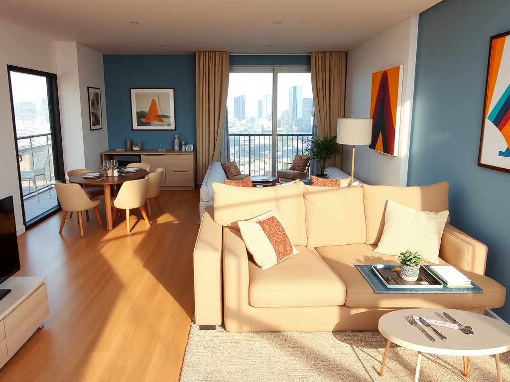 Что выгоднее купить: студию или однокомнатную квартиру? Светлая современная гостиная с диваном, столом и окнами, открывающими вид на город.