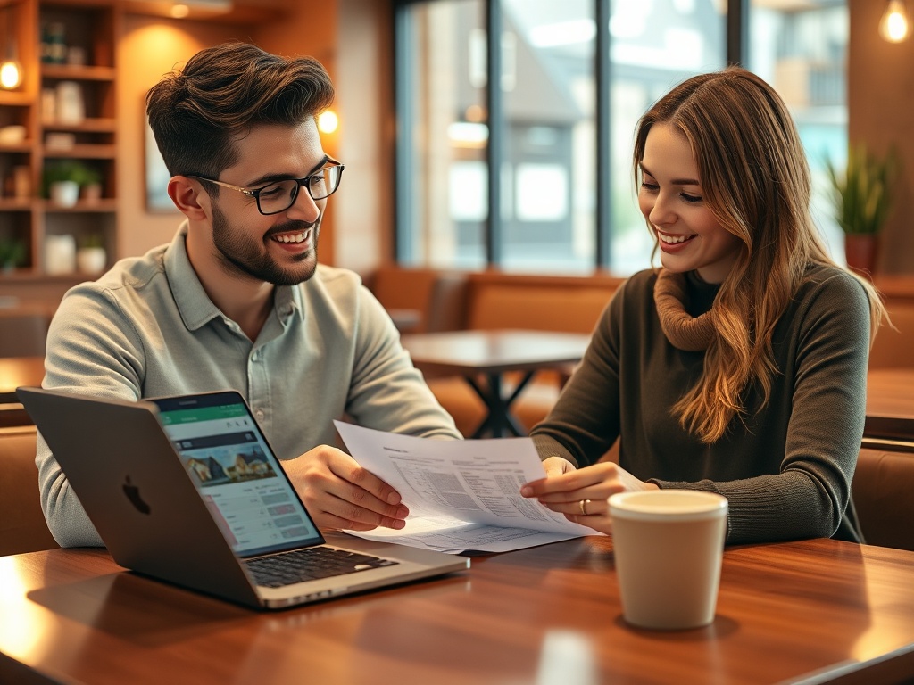 Ипотека для работников сферы аналитики данных Молодая пара обсуждает документы в кафе за столом, рядом ноутбук и чашка кофе.