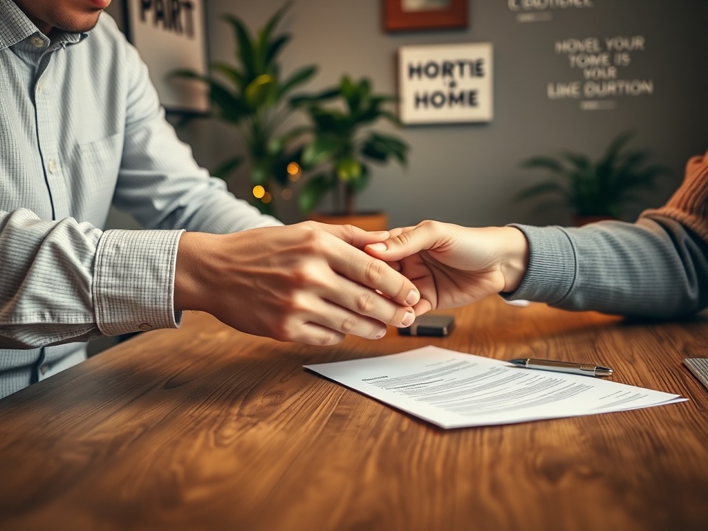 Руки людей, соединенные над документами на столе, в уютной обстановке с зелеными растениями на фоне.