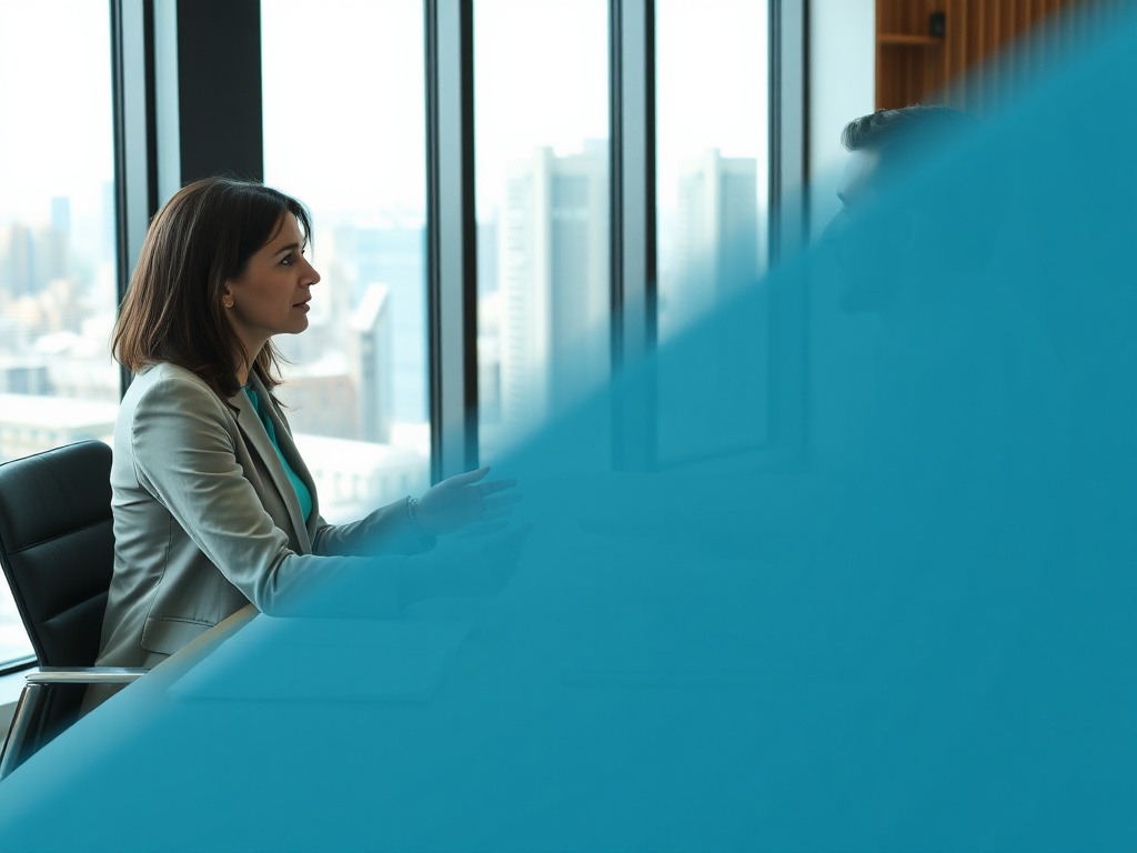 Ипотека и влияние частых отпусков без сохранения зарплаты Два человека обсуждают что-то важное в офисе с панорамными окнами и городским видом.