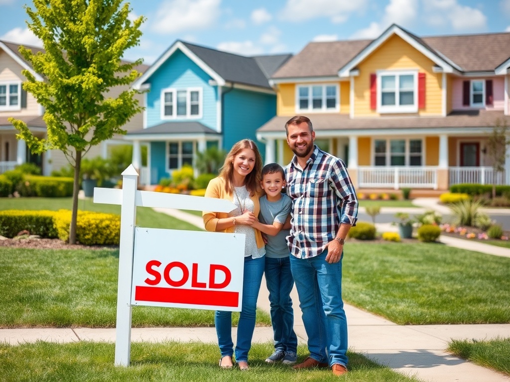 Счастливая семья стоит у нового дома с табличкой "Продано" на зеленом газоне в солнечный день.